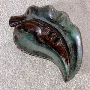 Vintage MCM McMaster Green Brown Ceramic  Pottery Art Leaf Ashtray Trinket Dish